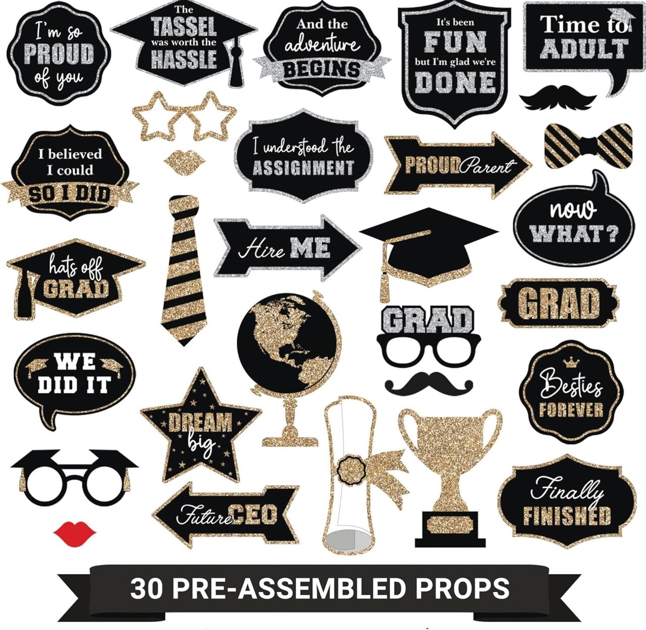 30PCS Fully Assembled Graduation Photo Booth Props – Class of 2026, Gold & Silver Glitter, No DIY